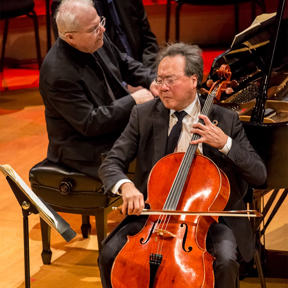 Cellist Yo-Yo Ma and Pianist Emanuel Ax on stage in Helzberg Hall with the Kansas City Symphony