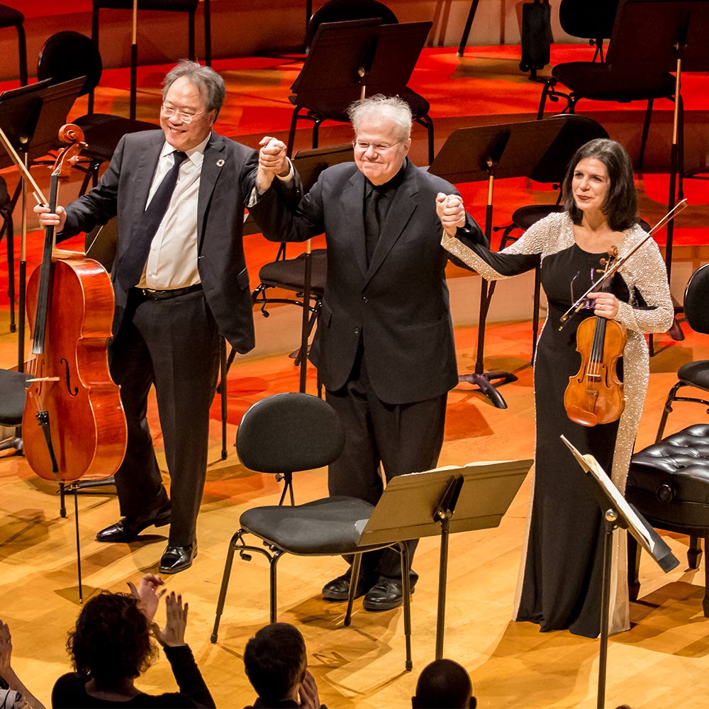 Cellist Yo-Yo Ma, Pianist Emanuel Ax and Violinist Pamela Frank on stage in Helzberg Hall