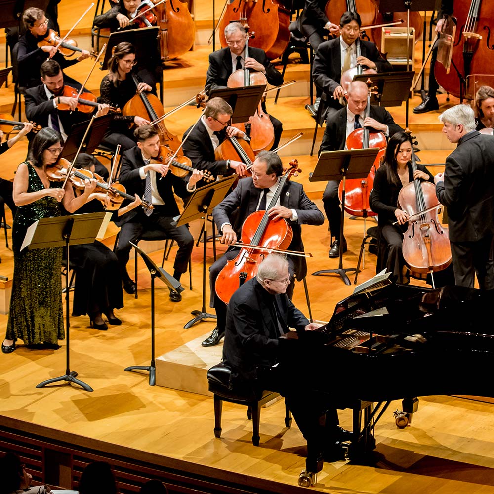 Violinist Pamela Frank, Cellist Yo-Yo Ma and Pianist Emanuel Ax on stage in Helzberg Hall with the Kansas City Symphony