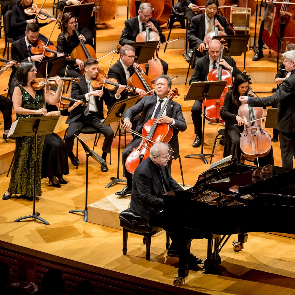 Violinist Pamela Frank, Cellist Yo-Yo Ma and Pianist Emanuel Ax on stage in Helzberg Hall with the Kansas City Symphony