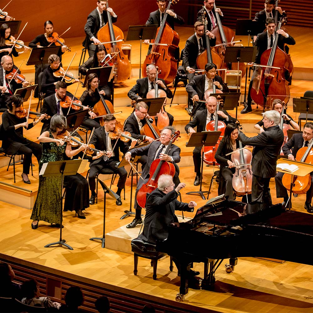 Violinist Pamela Frank, Cellist Yo-Yo Ma and Pianist Emanuel Ax on stage in Helzberg Hall with the Kansas City Symphony