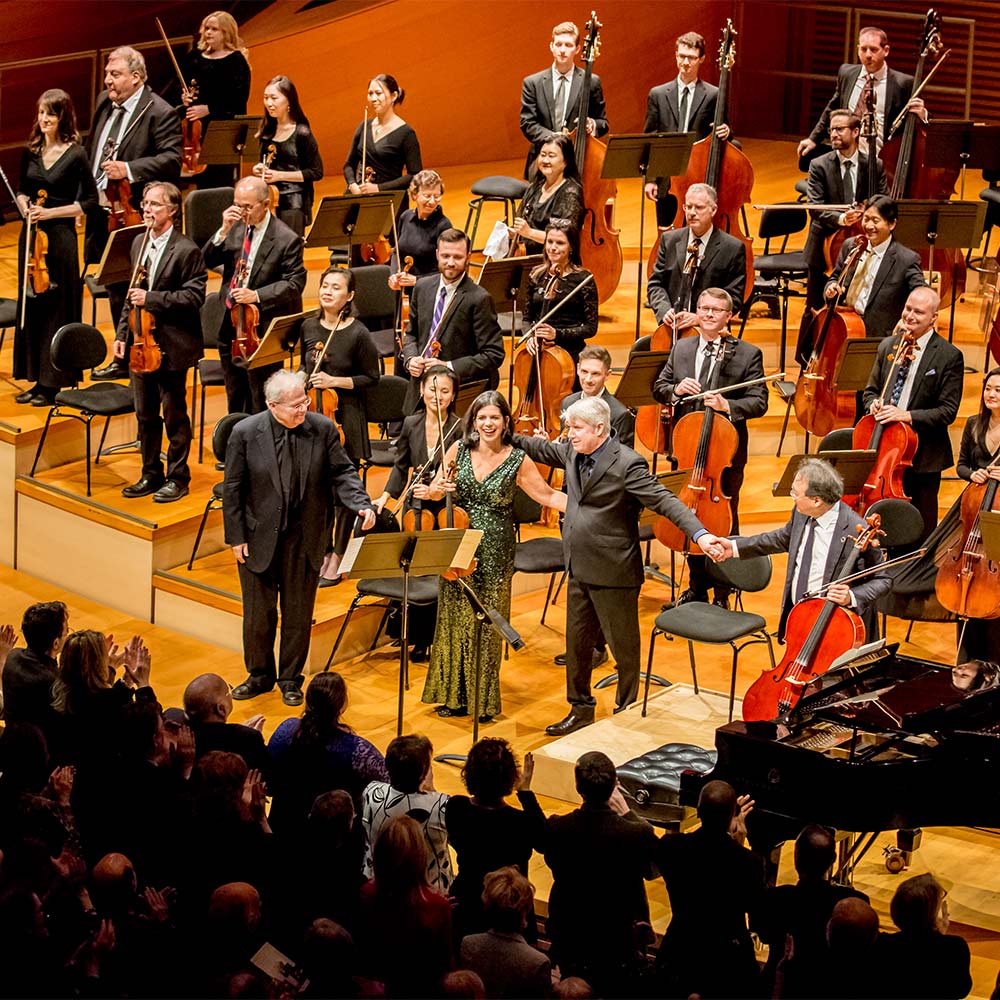 Violinist Pamela Frank, Cellist Yo-Yo Ma and Pianist Emanuel Ax on stage in Helzberg Hall with the Kansas City Symphony