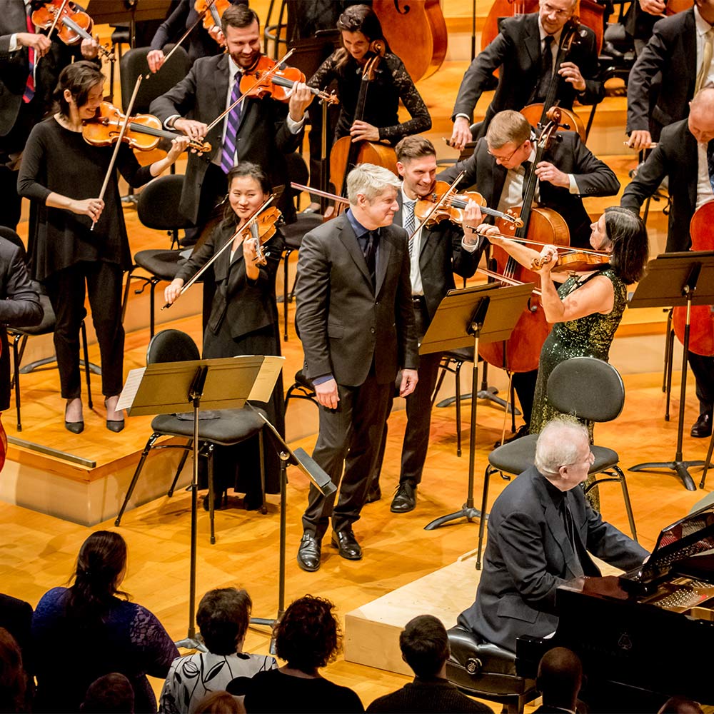 Violinist Pamela Frank, Cellist Yo-Yo Ma and Pianist Emanuel Ax on stage in Helzberg Hall with the Kansas City Symphony