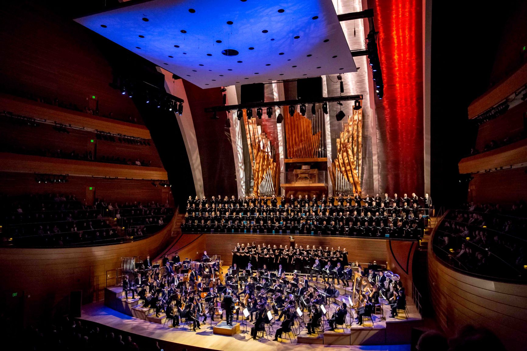 Kansas City Symphony in Helzberg Hall - blue, white and red lighting