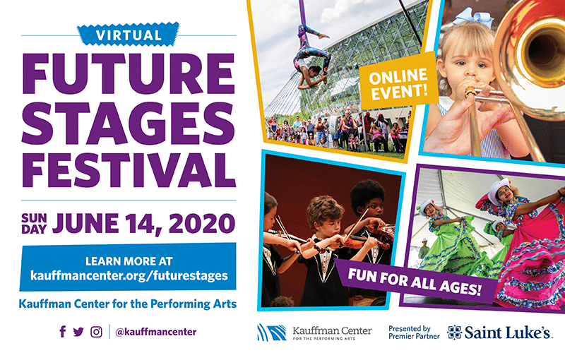 Future Stages Festival banner with date and social media icons, children playing instruments, an acrobat and dancers, logos of sponsors