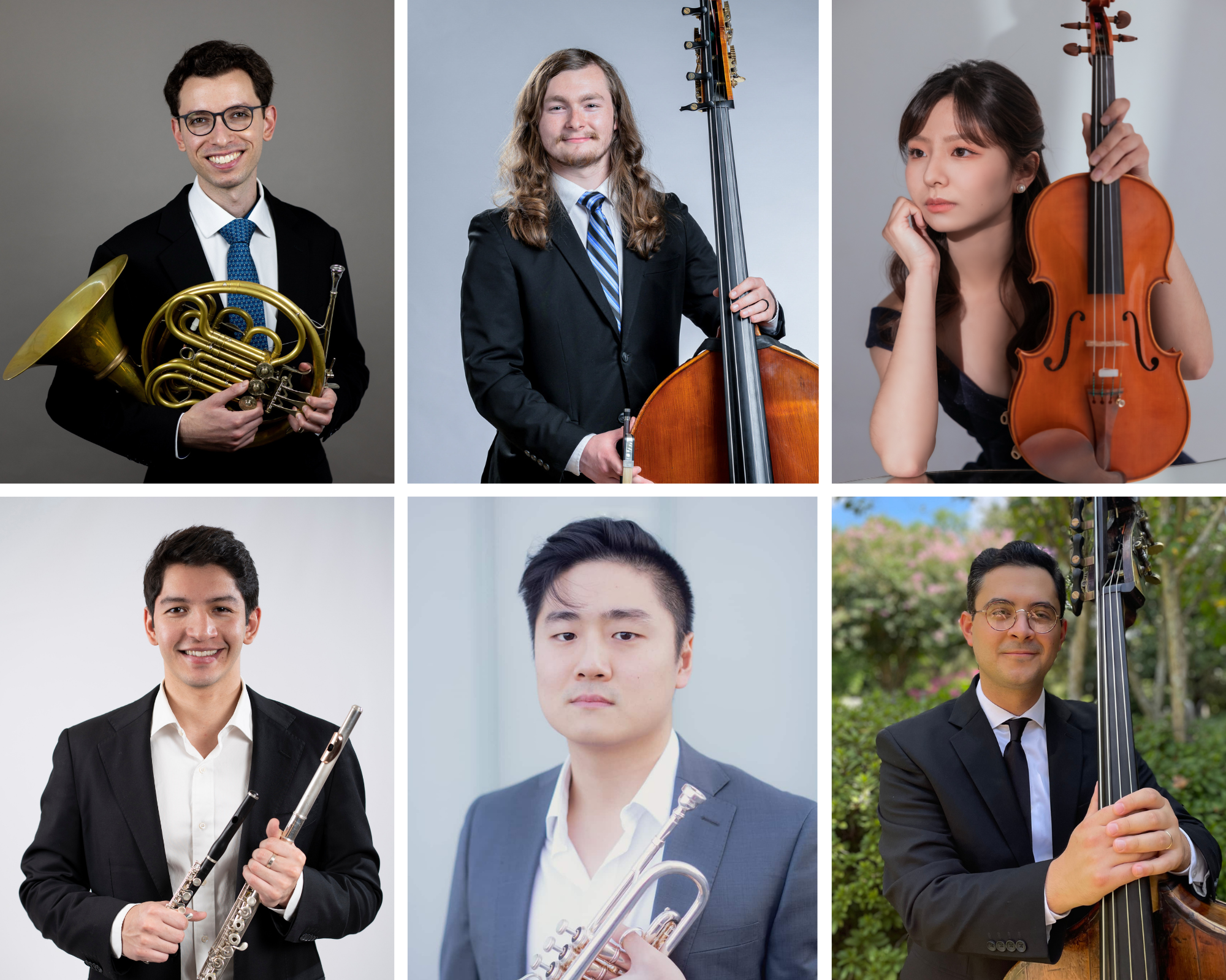 New Kansas City Symphony musicians, from left to right: Roy Femenella, Principal Horn; Landon Honolka, Principal Bass; Yun-Chung Lin, First Violin; Alejandro Lombo, Piccolo and Flute; Joon Park, Trumpet; Michael Zogaib, Double Bass.